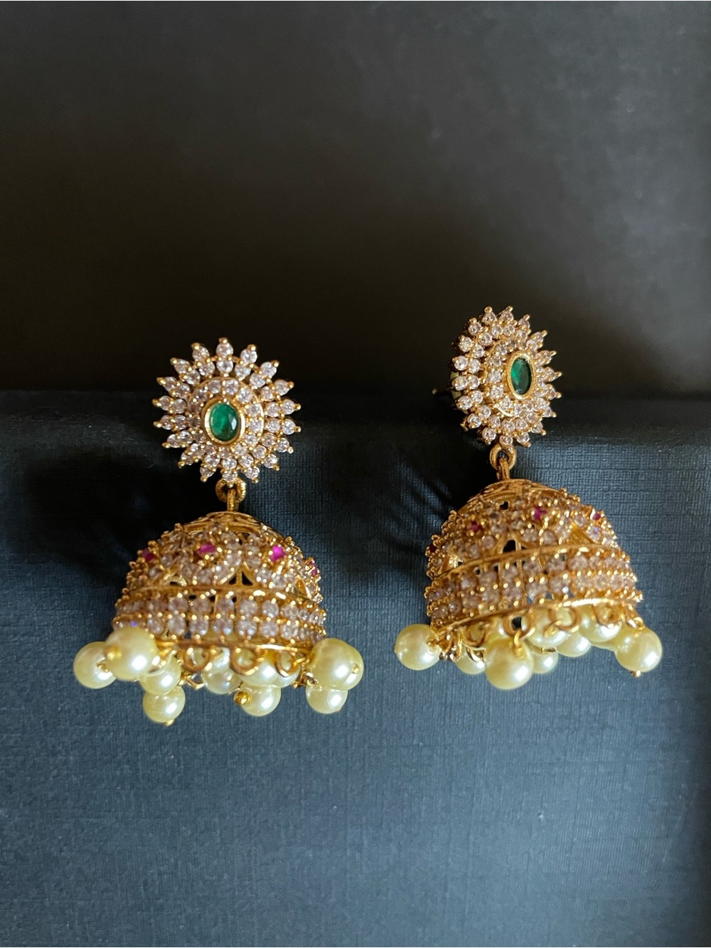 Gold-Tone Pearl Drop Jhumka Earrings with Green Stone Center